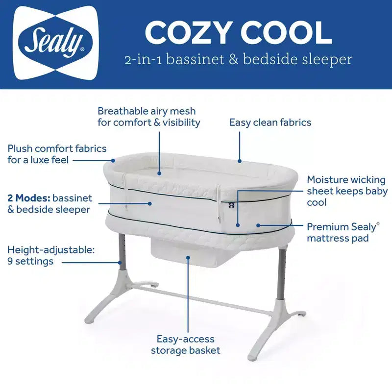 2-in-1 Bassinet & Bedside Sleeper: Adjustable Height, Storage Bin/Shelf, Steel Frame