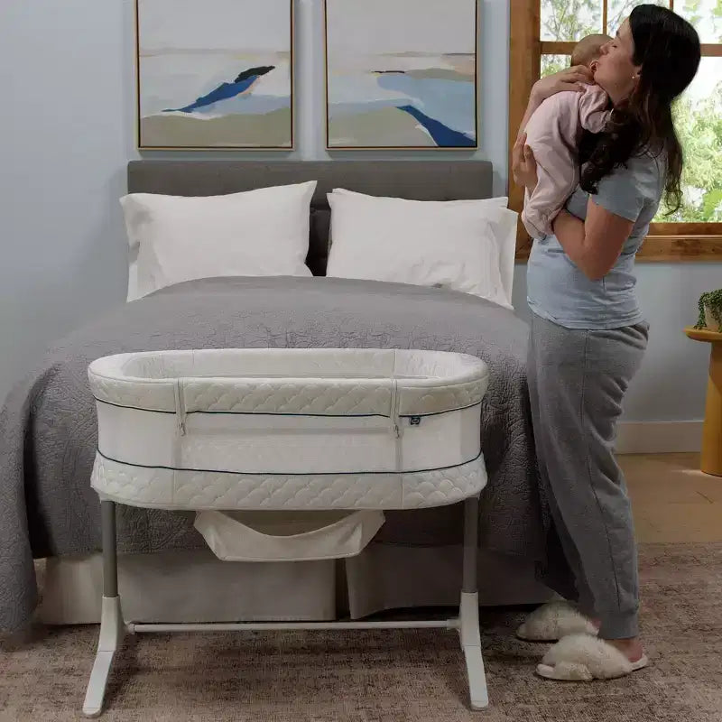 2-in-1 Bassinet & Bedside Sleeper: Adjustable Height, Storage Bin/Shelf, Steel Frame