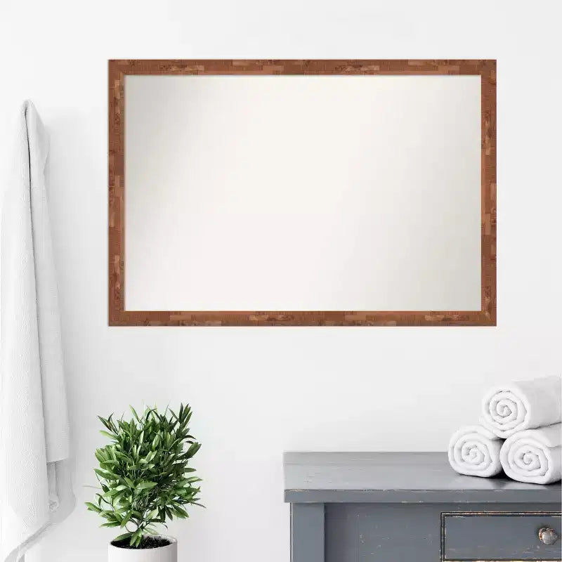 38.5" x 26.5" Non-Beveled Wood Bathroom Wall Mirror Light Pecan Brown - Wall Mounted, Includes Hardware