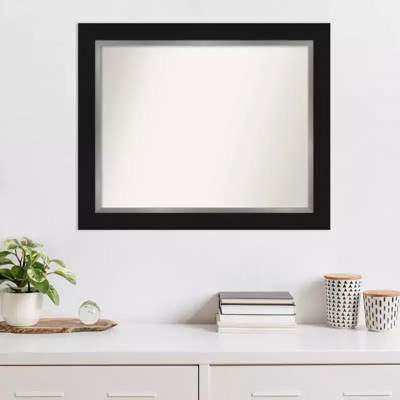 34" x 28" Non-Beveled Eva Black Silver Wall Mirror - Amanti Art: Modern Rectangle, Polystyrene Frame