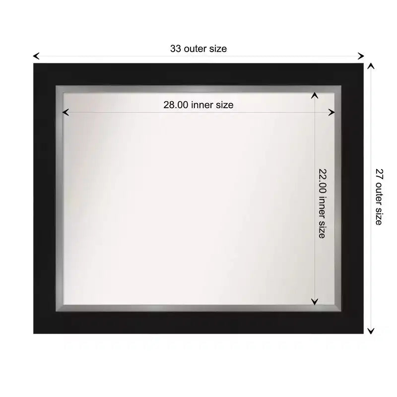 34" x 28" Non-Beveled Eva Black Silver Wall Mirror - Amanti Art: Modern Rectangle, Polystyrene Frame