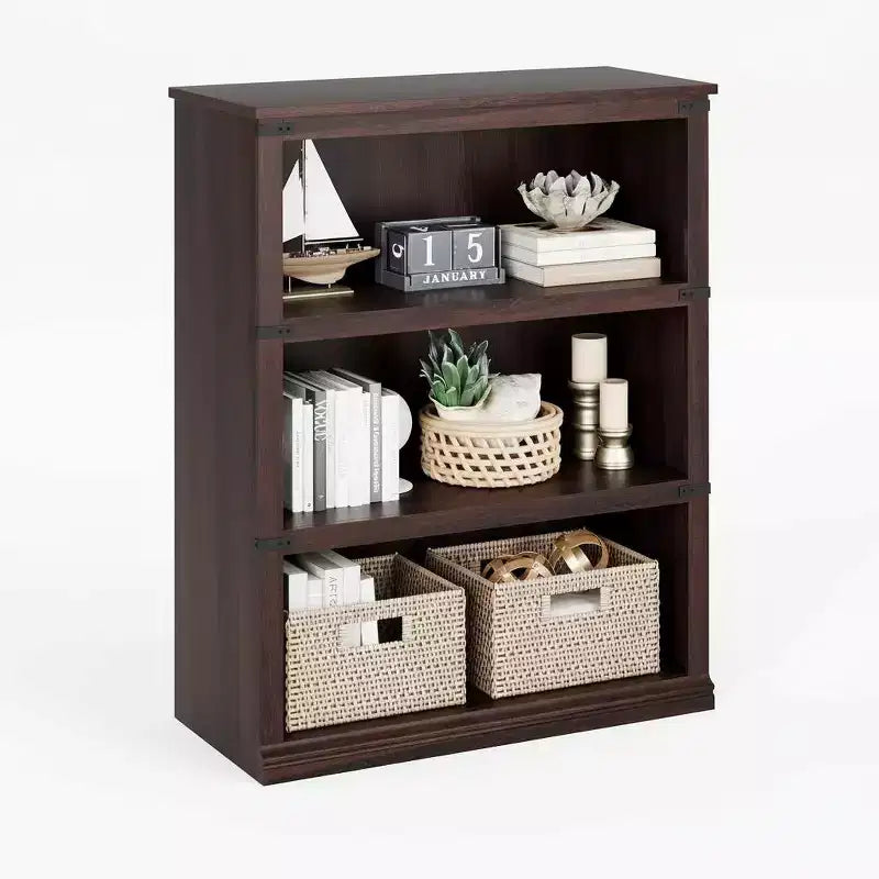 GustoWave 3 Tier Bookcase, Farmhouse Book Shelf with Storage, Low Book Case Wooden 3 Shelf Bookcase for Home Office, Living Room, Bed Room, Cherry