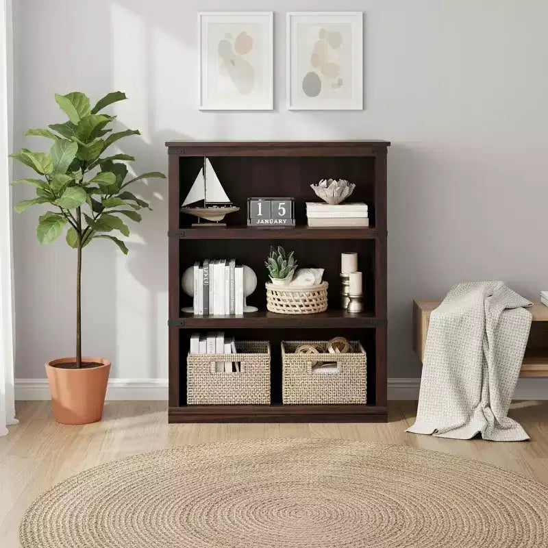 3 Tier Bookcase, Farmhouse Book Shelf with Storage, Low Wooden Bookcase for Home Office, Living Room, Bedroom, Cherry