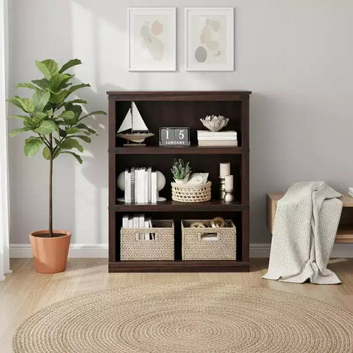 3 Tier Bookcase, Farmhouse Book Shelf with Storage, Low Wooden Bookcase for Home Office, Living Room, Bedroom, Cherry