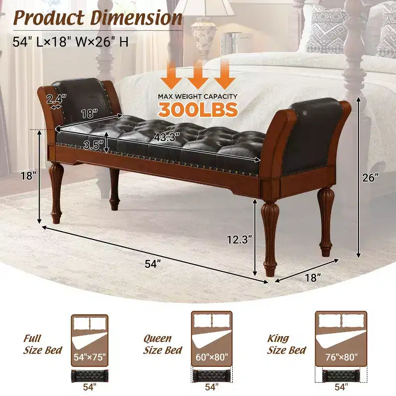 Mid-Century Modern Rubberwood Faux Leather Button Tufted Bench