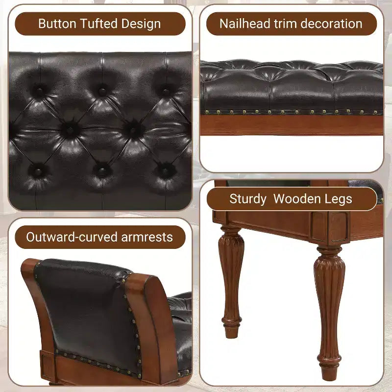 Mid-Century Modern Rubberwood Faux Leather Button Tufted Bench