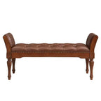 Mid-Century Modern Rubberwood Faux Leather Button Tufted Bench