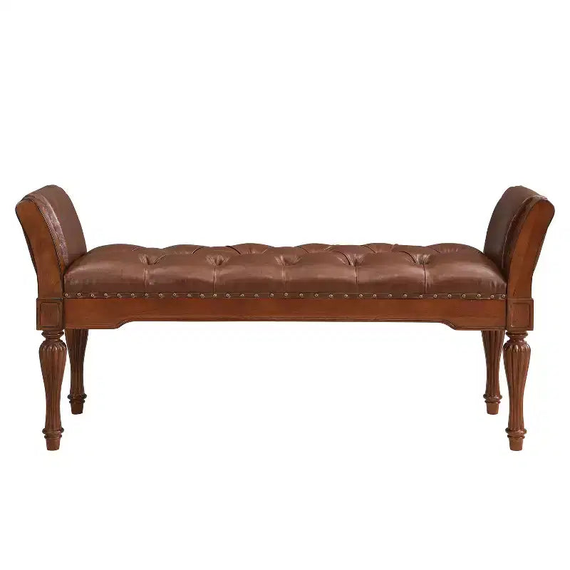 Mid-Century Modern Rubberwood Faux Leather Button Tufted Bench