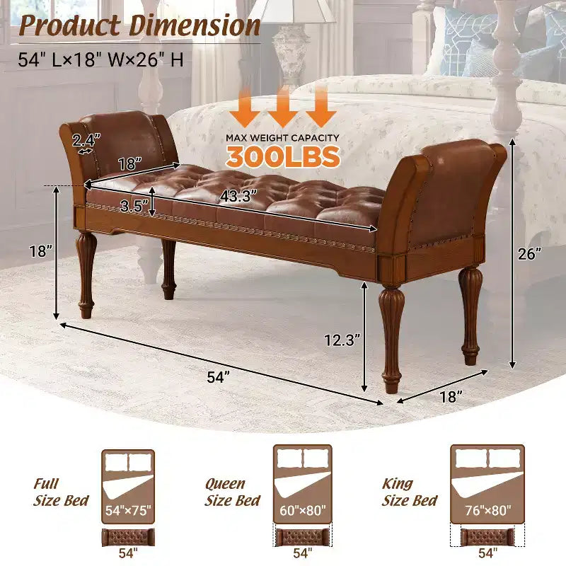 Mid-Century Modern Rubberwood Faux Leather Button Tufted Bench