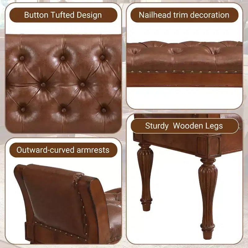 Mid-Century Modern Rubberwood Faux Leather Button Tufted Bench