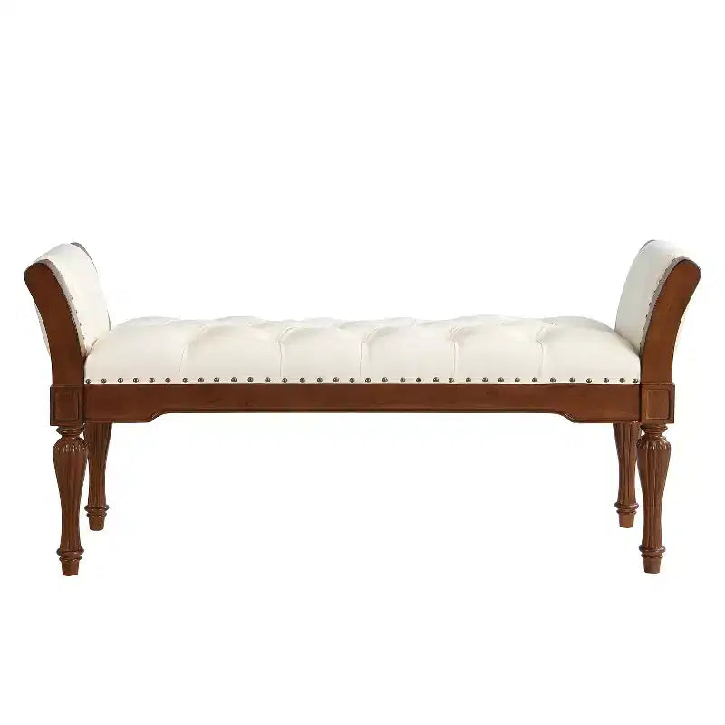 Mid-Century Modern Rubberwood Faux Leather Button Tufted Bench