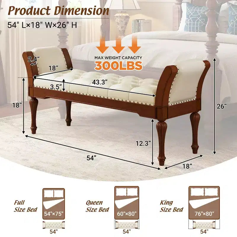 Mid-Century Modern Rubberwood Faux Leather Button Tufted Bench