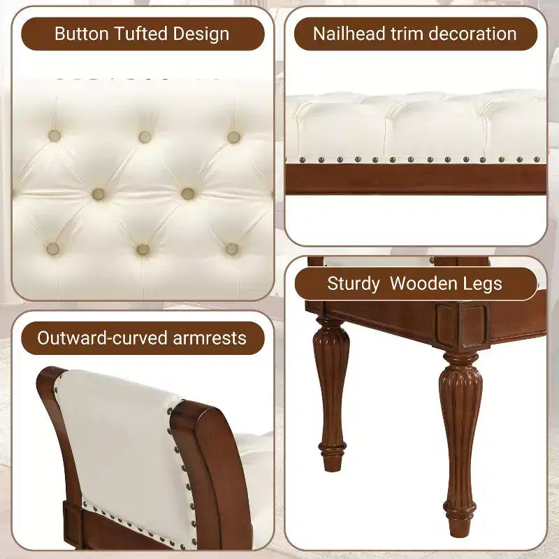 Mid-Century Modern Rubberwood Faux Leather Button Tufted Bench