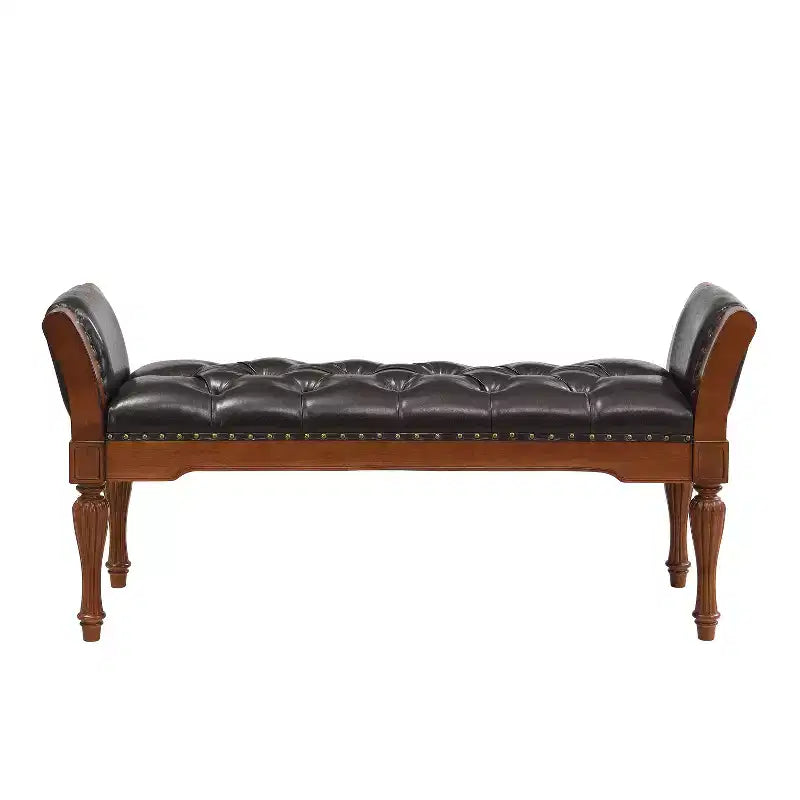 Mid-Century Modern Rubberwood Faux Leather Button Tufted Bench