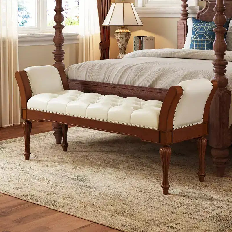 Christopher Knight Home Cara Mid-Century Modern Rubberwood Faux Leather Upholstered Button Tufted Bench