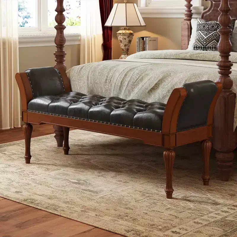 Mid-Century Modern Rubberwood Faux Leather Button Tufted Bench