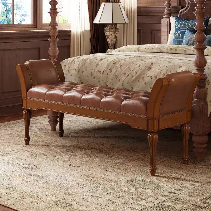 Mid-Century Modern Rubberwood Faux Leather Button Tufted Bench