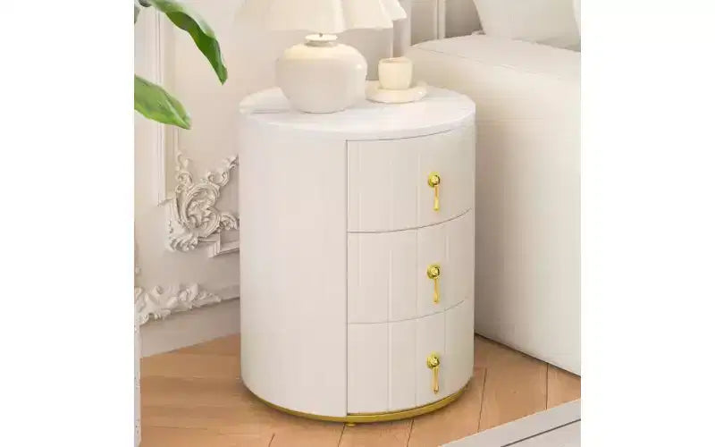 Elegant 3-Drawer Nightstand with Marbling Top, Upholstered Small Side Table, End Table for Bedroom, Round Bedside Table with Metal Handles