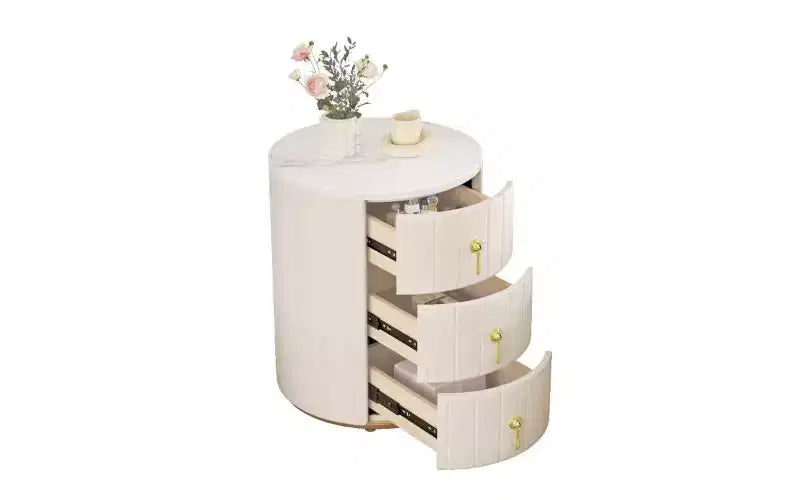 Elegant 3-Drawer Nightstand with Marbling Top, Upholstered Small Side Table, End Table for Bedroom, Round Bedside Table with Metal Handles