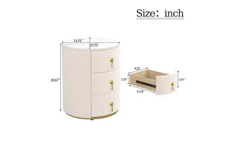 Elegant 3-Drawer Nightstand with Marbling Top, Upholstered Small Side Table, End Table for Bedroom, Round Bedside Table with Metal Handles