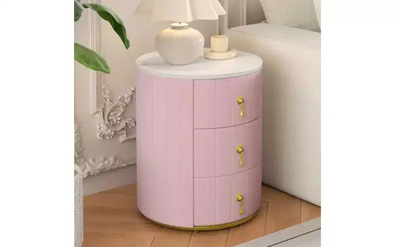 Elegant 3-Drawer Nightstand with Marbling Top, Upholstered Small Side Table, End Table for Bedroom, Round Bedside Table with Metal Handles