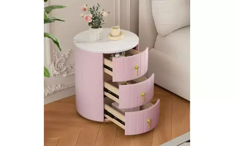 Elegant 3-Drawer Nightstand with Marbling Top, Upholstered Small Side Table, End Table for Bedroom, Round Bedside Table with Metal Handles