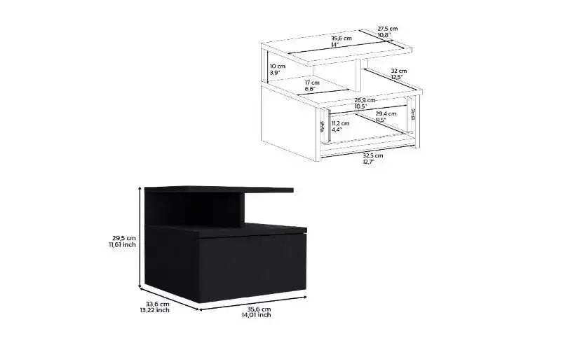 Wall-Mounted Floating Nightstand with 2-Tier Shelf and Drawer