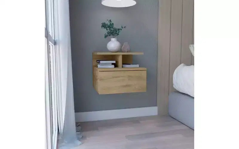 Wall-Mounted Floating Nightstand with 2-Tier Shelf and Drawer