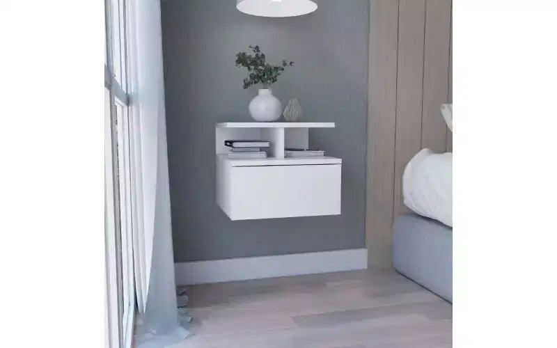 Wall-Mounted Floating Nightstand with 2-Tier Shelf and Drawer