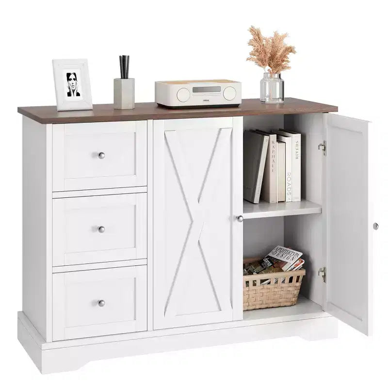 Farmhouse Sideboard With Barn Doors, Modern Buffet Cabinet With Storage, 3 Drawers & Open Shelves, Sideboard Storage with Sturdy MDF Wood Buffet Table