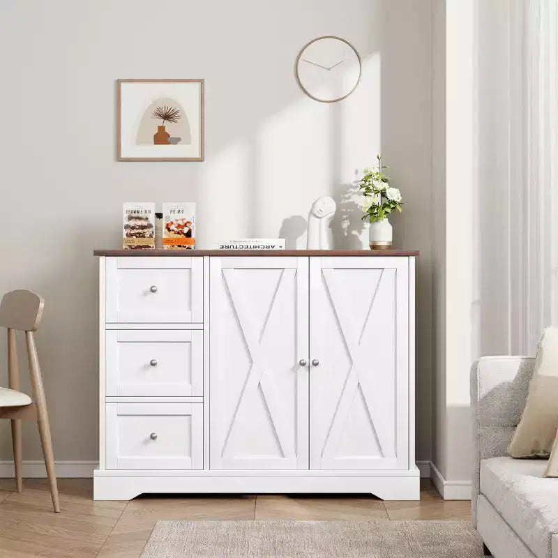 Farmhouse Sideboard with Barn Doors, Buffet Cabinet with 3 Drawers & Open Shelves