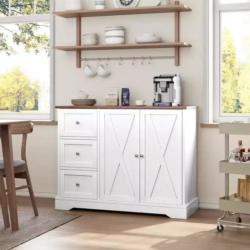Farmhouse Sideboard with Barn Doors, Buffet Cabinet with 3 Drawers & Open Shelves