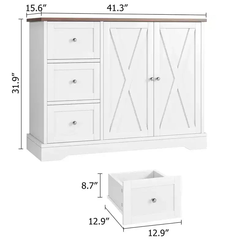 Farmhouse Sideboard with Barn Doors, Buffet Cabinet with 3 Drawers & Open Shelves