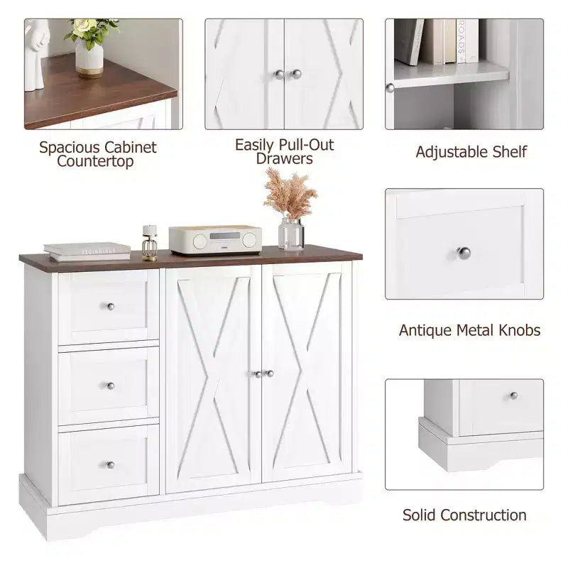 Farmhouse Sideboard with Barn Doors, Buffet Cabinet with 3 Drawers & Open Shelves