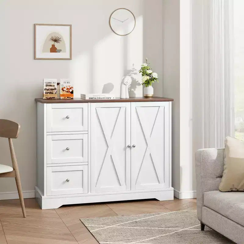 Farmhouse Sideboard with Barn Doors, Buffet Cabinet with 3 Drawers & Open Shelves