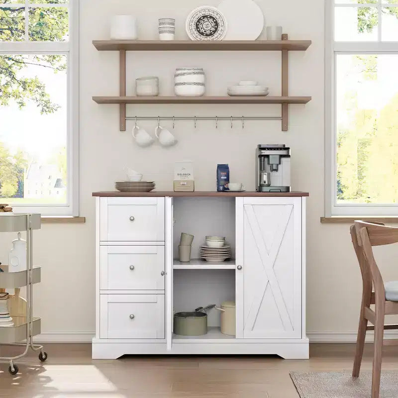Farmhouse Sideboard with Barn Doors, Buffet Cabinet with 3 Drawers & Open Shelves