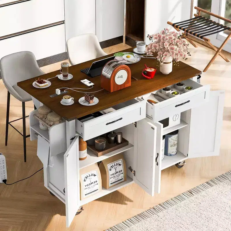 53.5" Farmhouse Kitchen Storage Island with Power Supply, Drop Leaf and Wheels