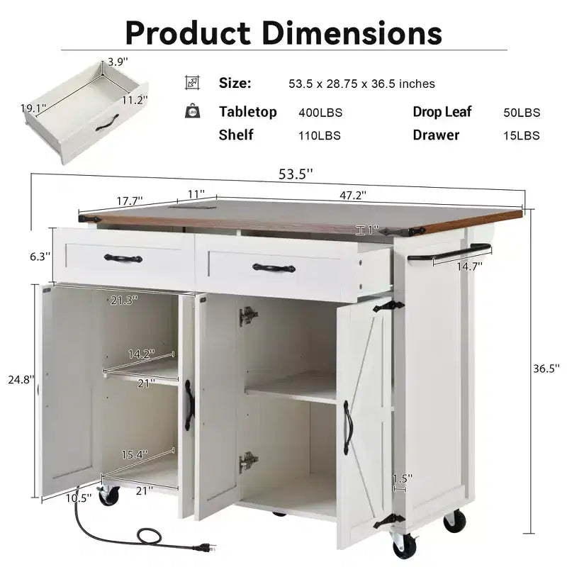 53.5" Farmhouse Kitchen Storage Island with Power Supply, Drop Leaf and Wheels