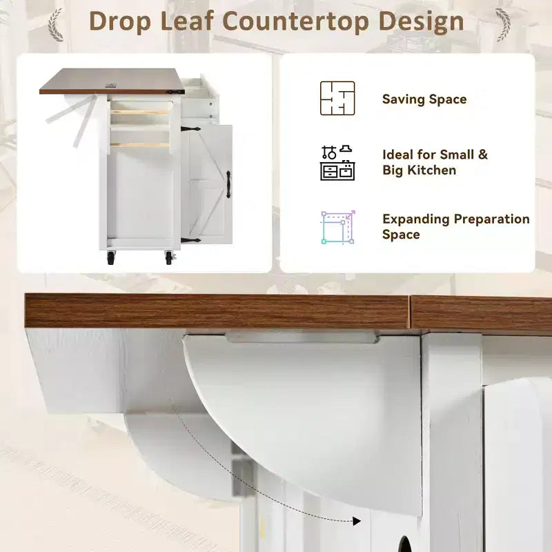 53.5" Farmhouse Kitchen Storage Island with Power Supply, Drop Leaf and Wheels