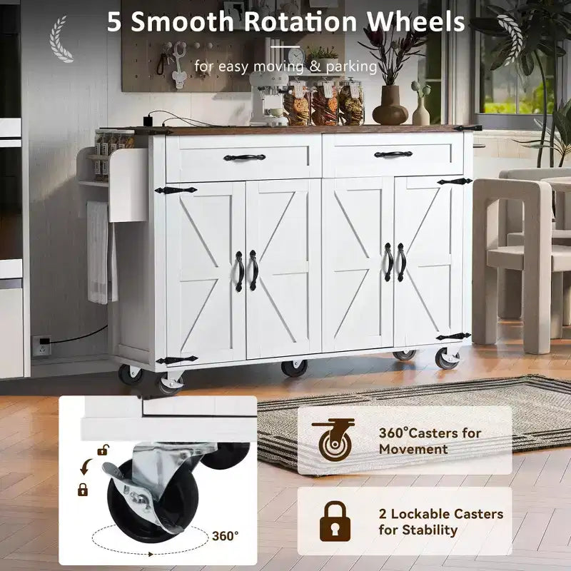 53.5" Farmhouse Kitchen Storage Island with Power Supply, Drop Leaf and Wheels