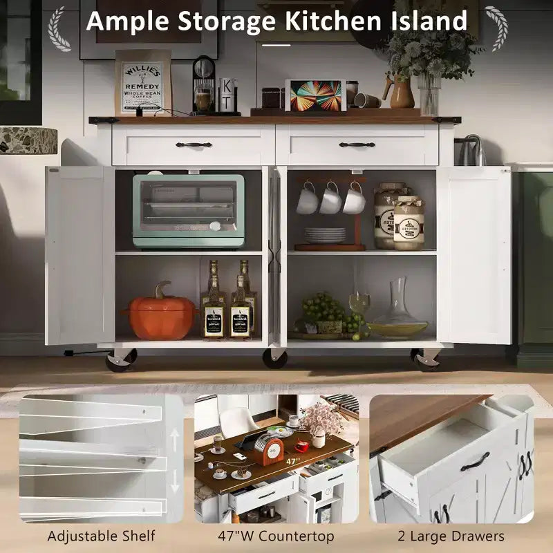 53.5" Farmhouse Kitchen Storage Island with Power Supply, Drop Leaf and Wheels