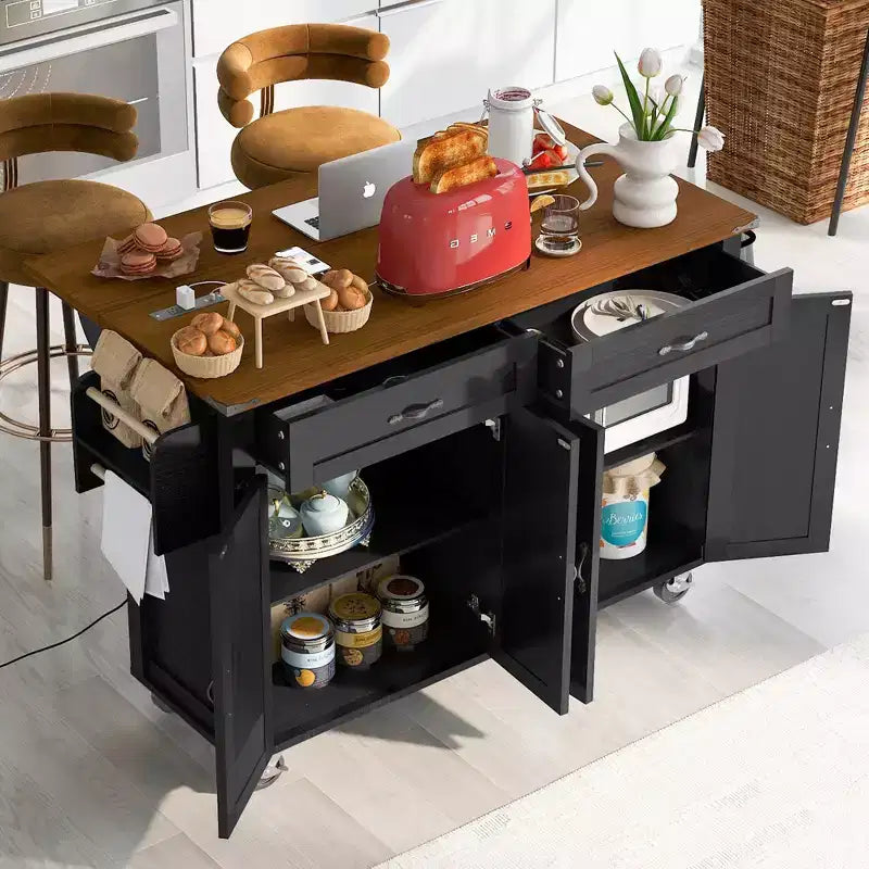 53.5" Farmhouse Kitchen Storage Island with Power Supply, Drop Leaf and Wheels