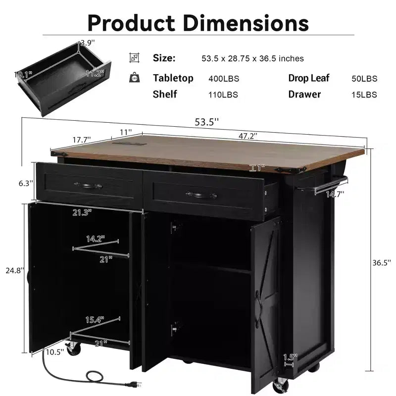 53.5" Farmhouse Kitchen Storage Island with Power Supply, Drop Leaf and Wheels