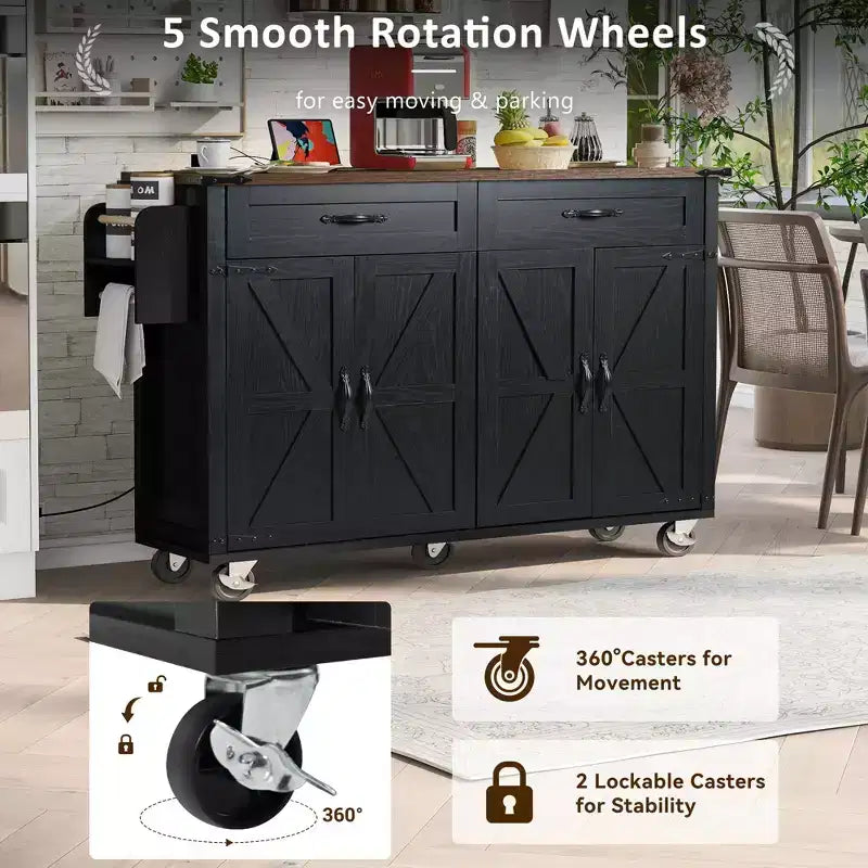 53.5" Farmhouse Kitchen Storage Island with Power Supply, Drop Leaf and Wheels