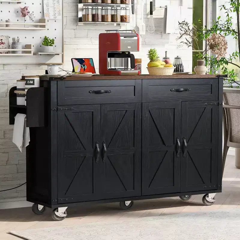 GDFStudio Paden 53.5 Farmhouse Kitchen Storage Island with Power Supply, Drop Leaf and Wheels