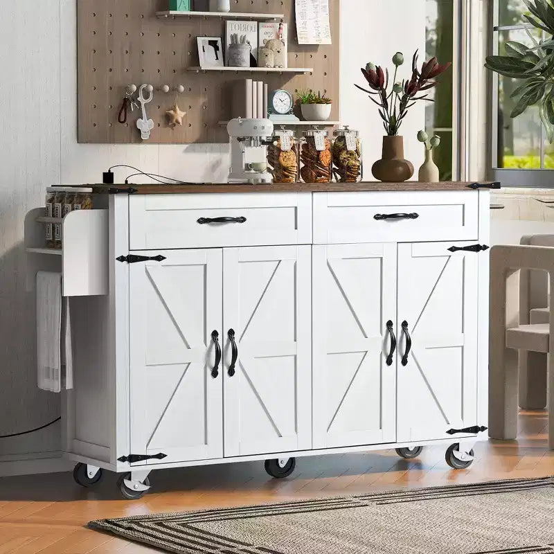 53.5" Farmhouse Kitchen Storage Island with Power Supply, Drop Leaf and Wheels
