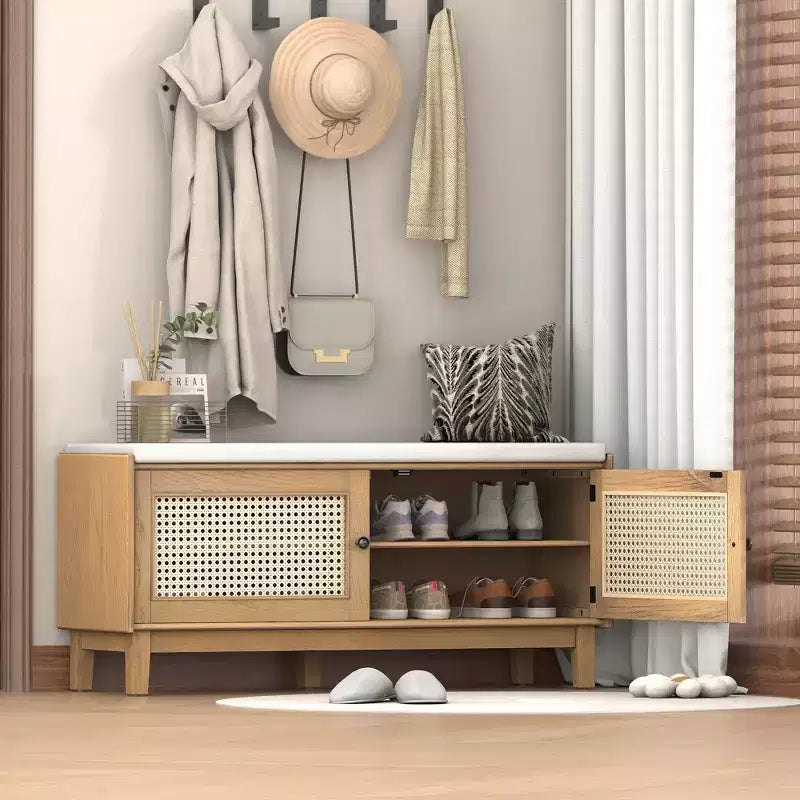 43" Rattan Entryway Bench with Storage and Cushion