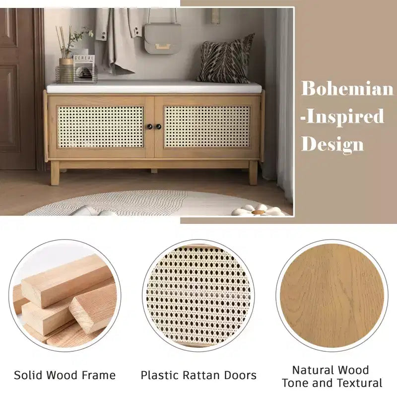 43" Rattan Entryway Bench with Storage and Cushion