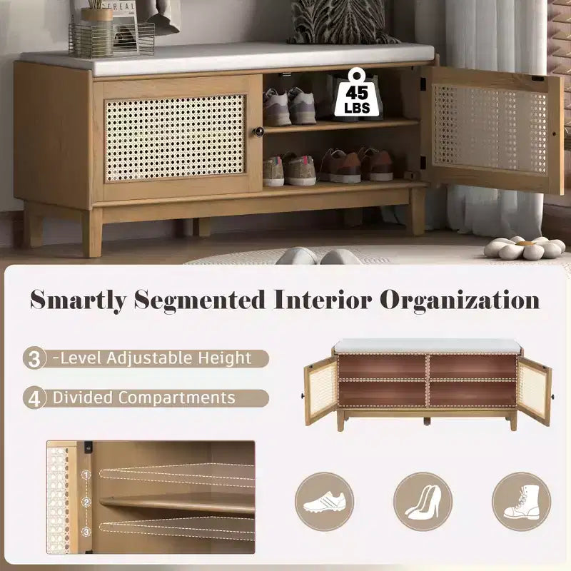 43" Rattan Entryway Bench with Storage and Cushion