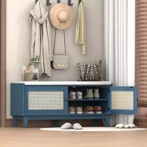 43" Rattan Entryway Bench with Storage and Cushion